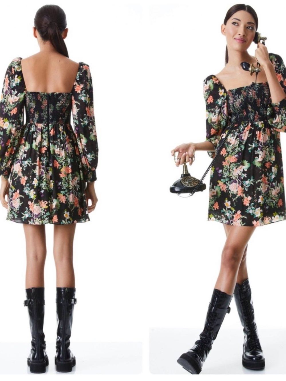 Alice + Olivia Black Floral Smocked Square-Neck Mini Dress
